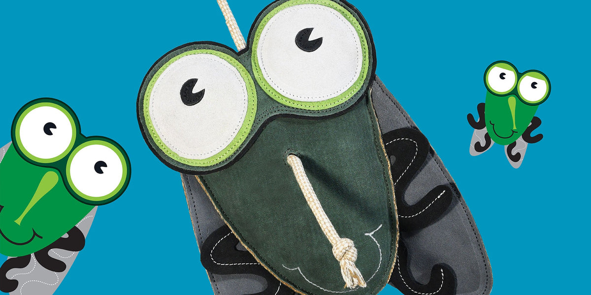 A whimsical fly-themed equine boredom buster toy, Shoofly, featuring a large embroidered green fly with white eyes and a rope nose, alongside smaller matching shoofly graphics on a Turquoise background.