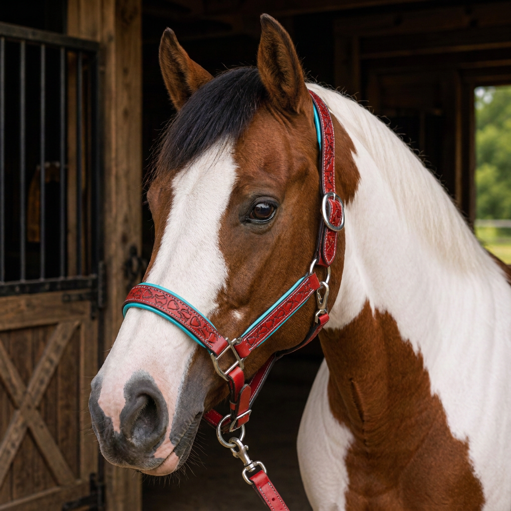 Padded Halter in Red and Turquoise shown on a Skrewbald horse