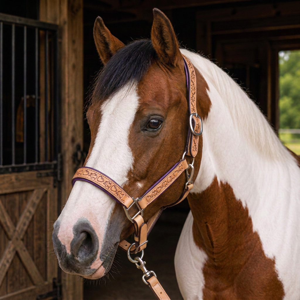 Padded Halter in Tan and Eggplant Purple shown on a Skrewbald horse