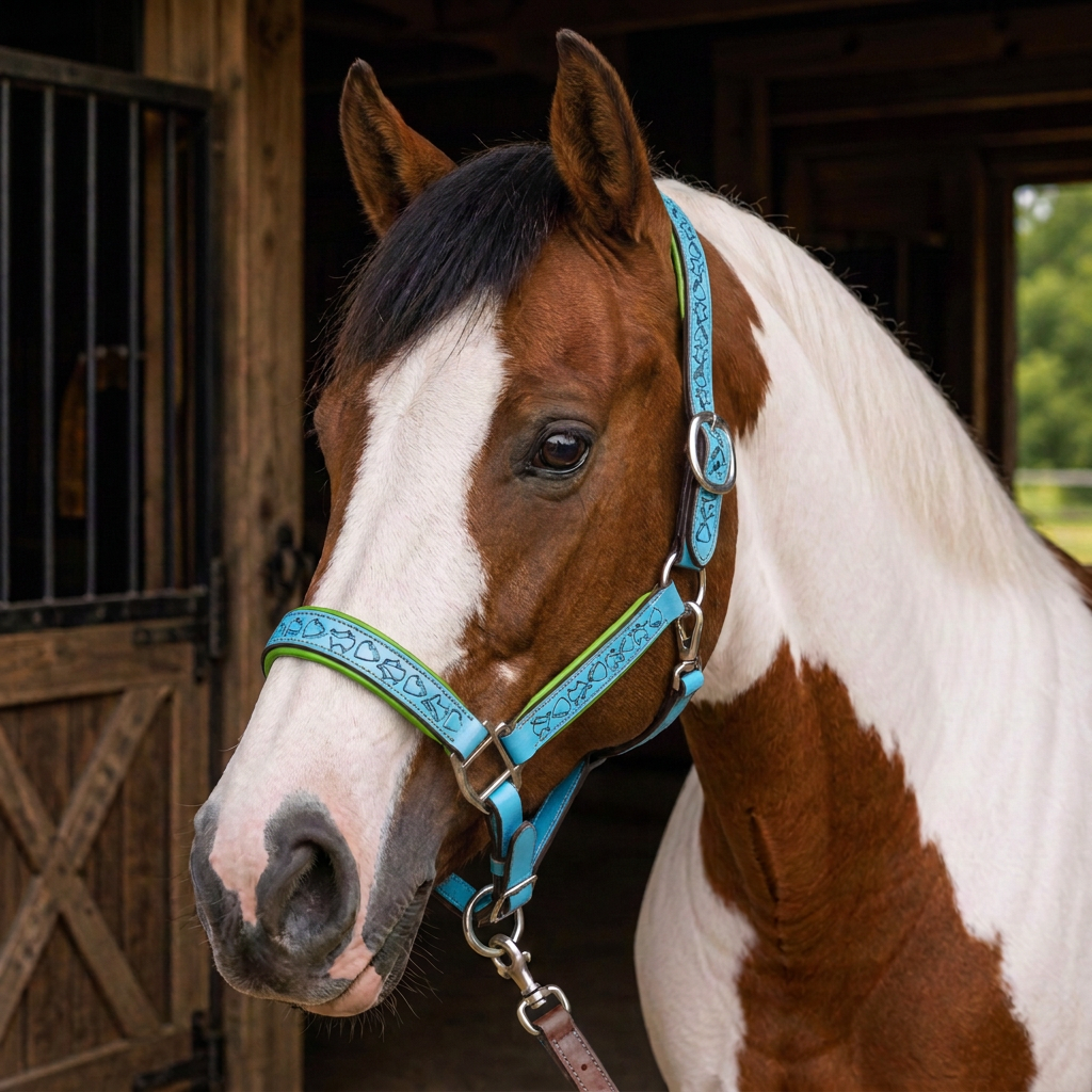 Padded Halter in Turquoise and Lime Green shown on a Skrewbald horse
