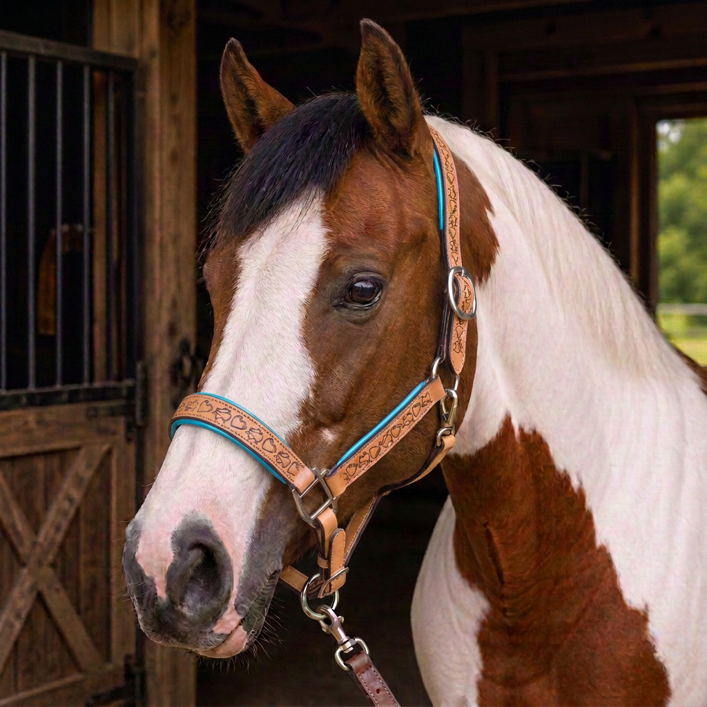 Padded Halter in Tan and Turquoise shown on a Skrewbald horse