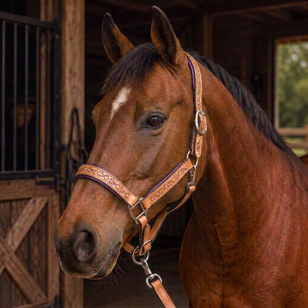 Padded Halter in Tan and Eggplant Purple shown on a Bay horse.