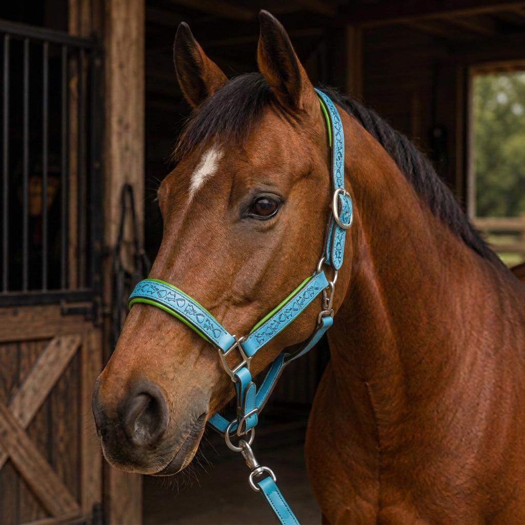 Padded Halter in Turquoise and Lime Green shown on a Bay horse.
