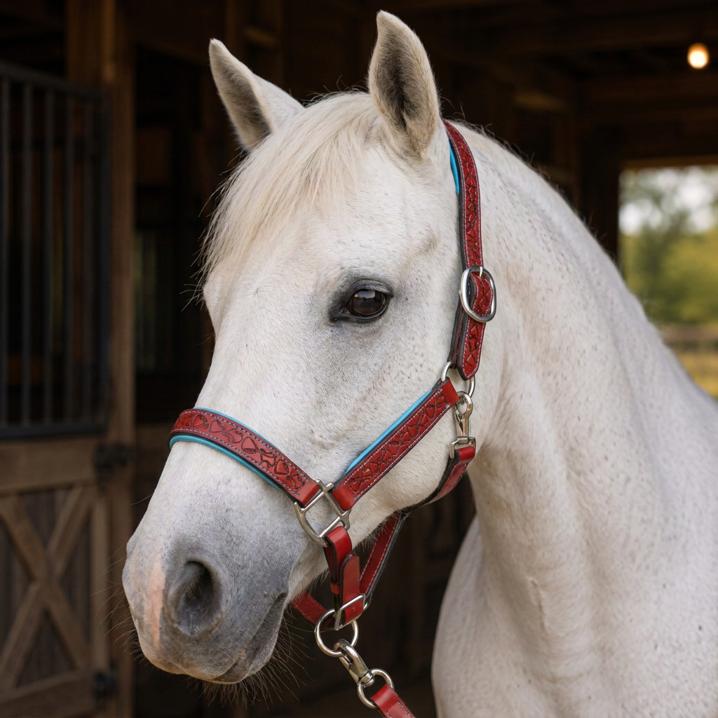 Padded Halter in Red and Turquoise shown on a Gray horse.