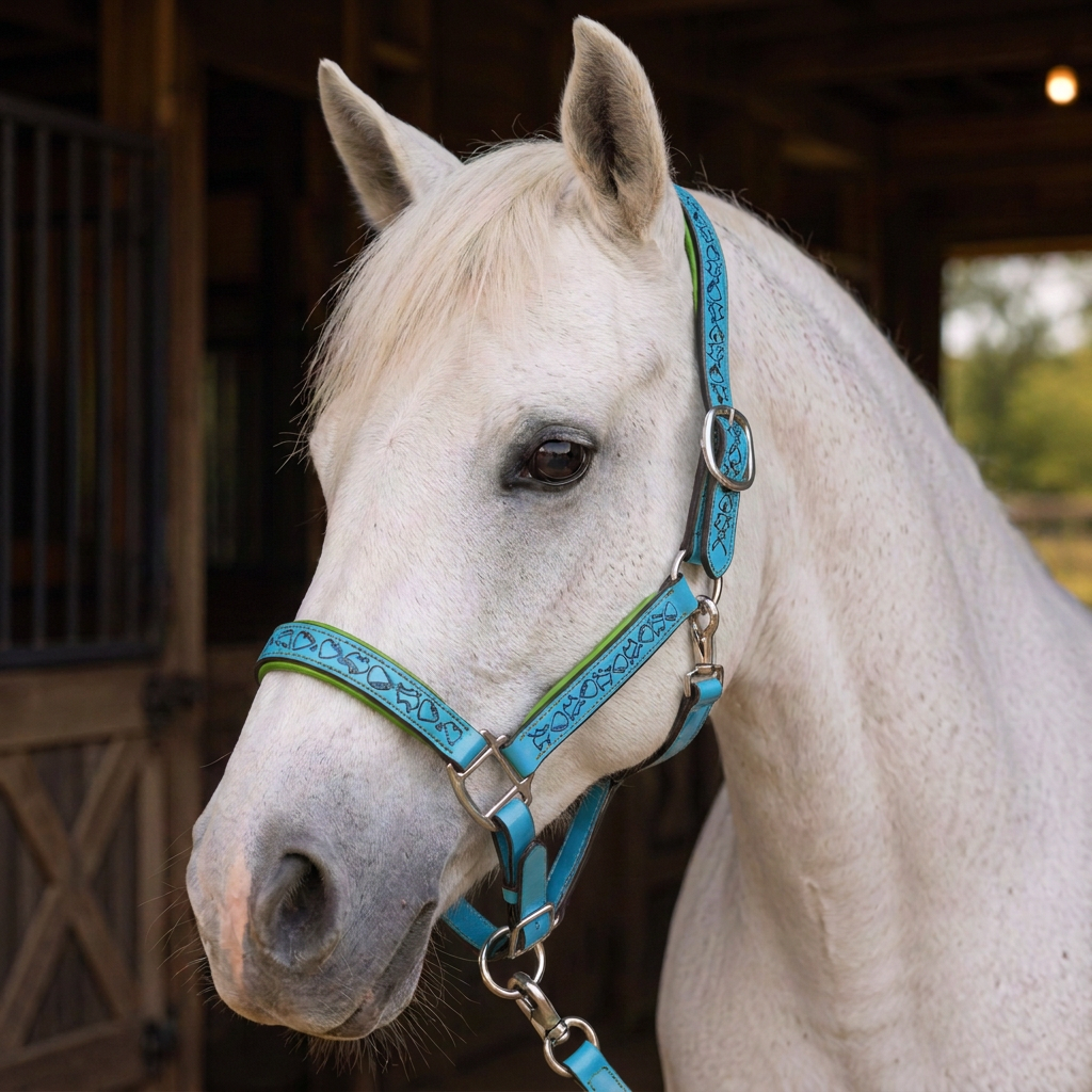 Padded Halter in Turquoise and Lime Green shown on a Gray horse.