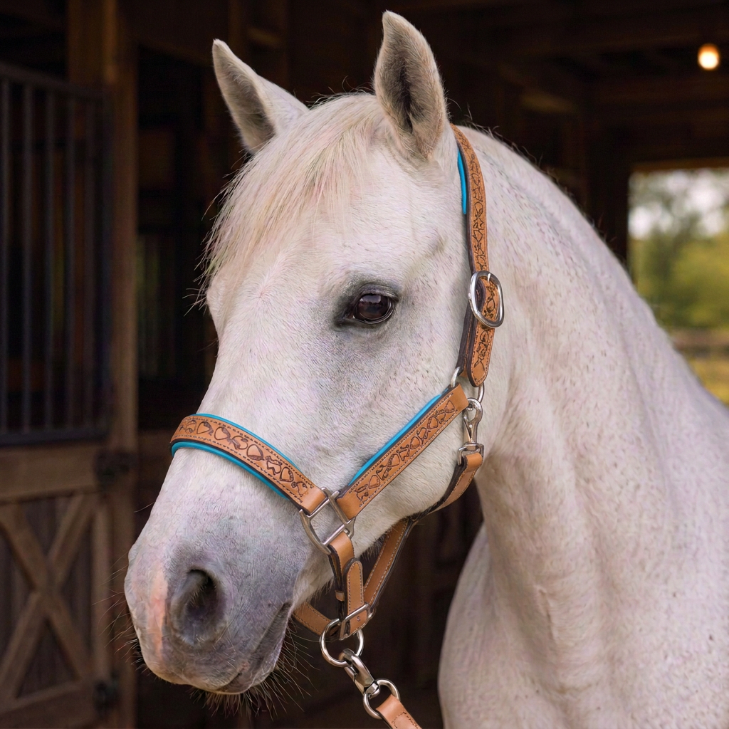 Padded Halter in Tan and Turquoise shown on a Gray horse.