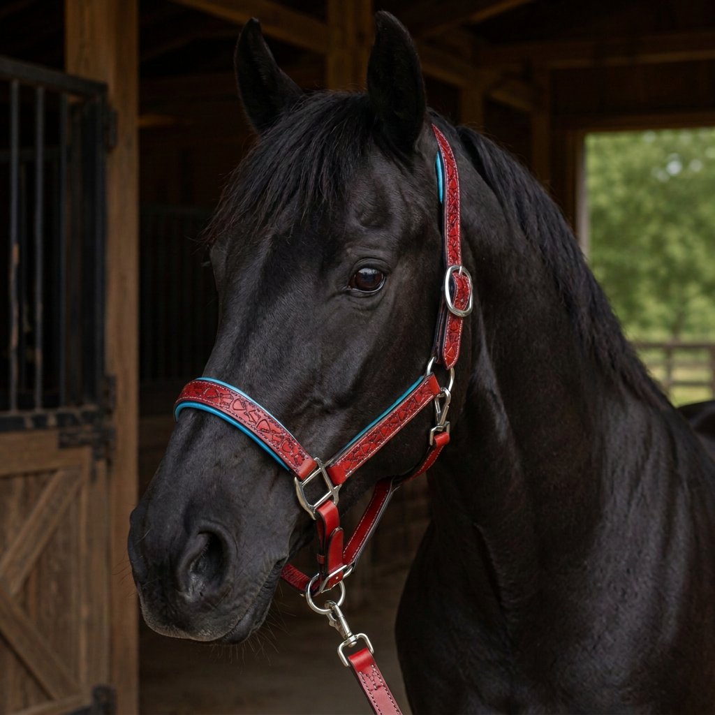 Padded Halter in Red and Turquoise shown on a Black horse.
