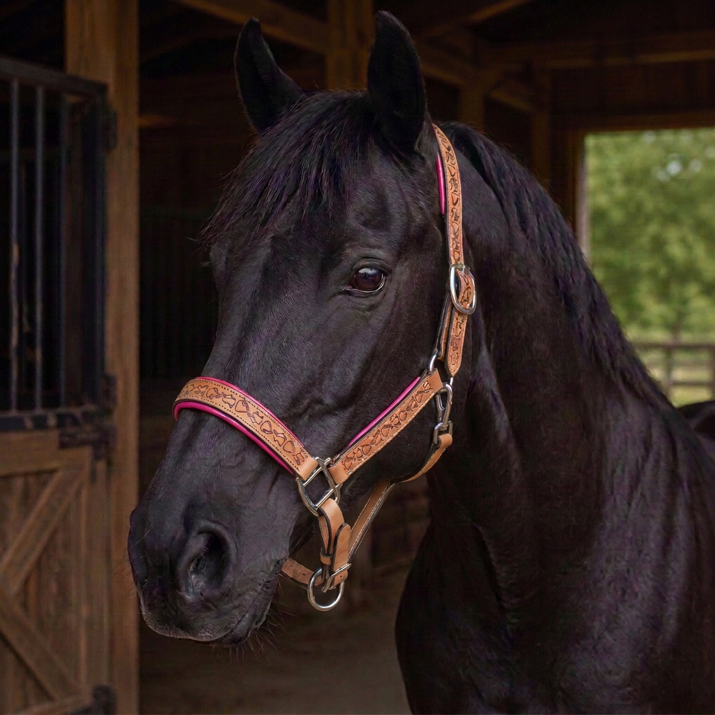 Padded Halter in Tan and Raspberry Pink shown on a Black horse.