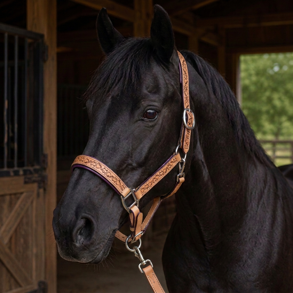 Padded Halter in Tan and Eggplant Purple shown on a Black horse.