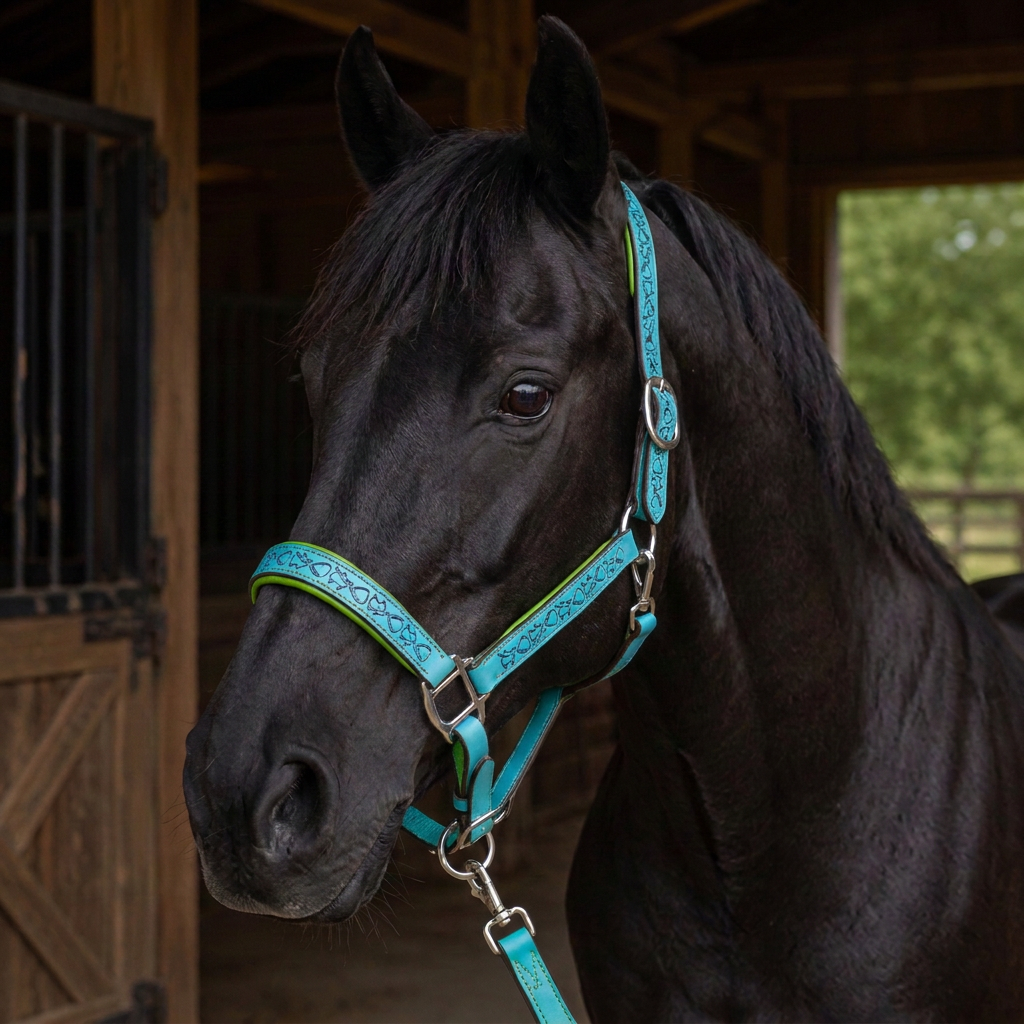Padded Halter in Turquoise and Lime Green shown on a Black horse.