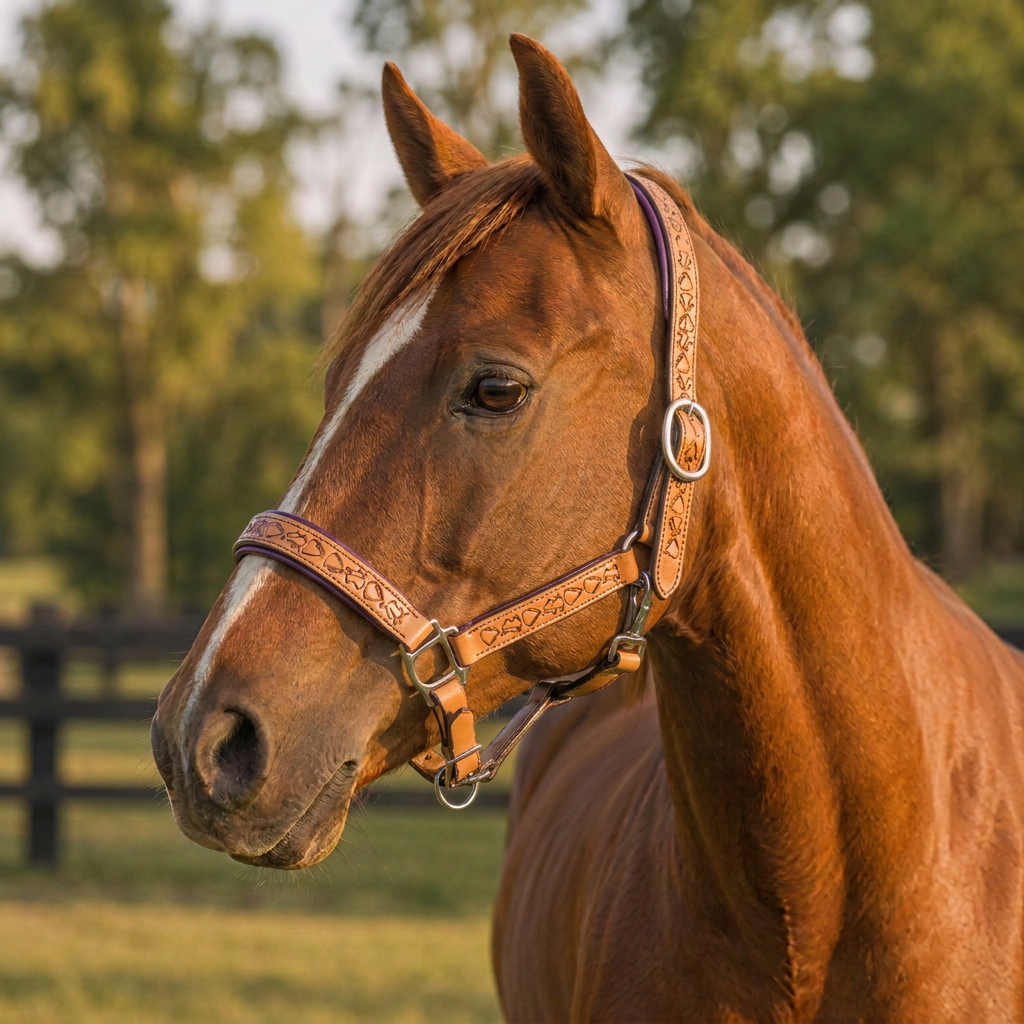 Padded Halter in Tan and Eggplant Purple shown on a Chestnut horse.