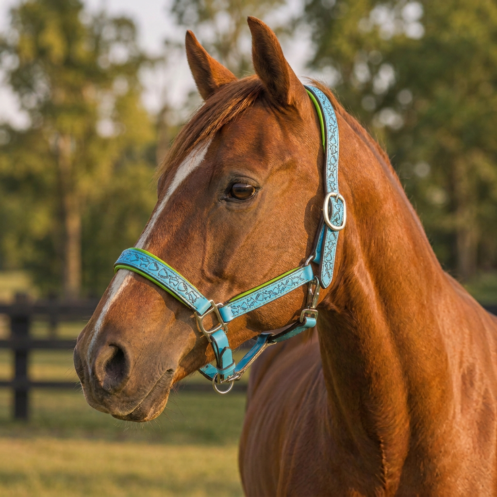 Padded Halter in Turquoise and Lime Green shown on a Chestnut horse.
