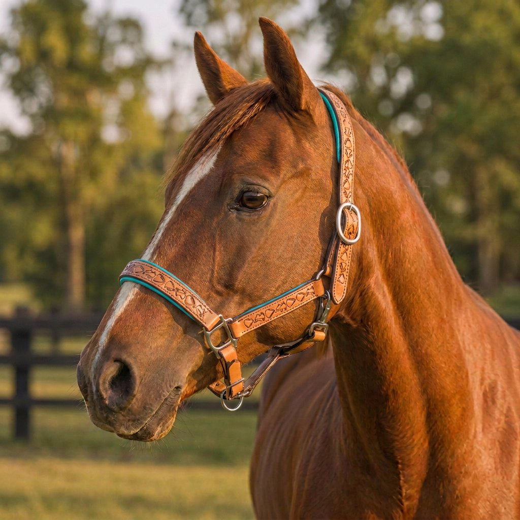 Padded Halter in Tan and Turquoise shown on a Chestnut horse.