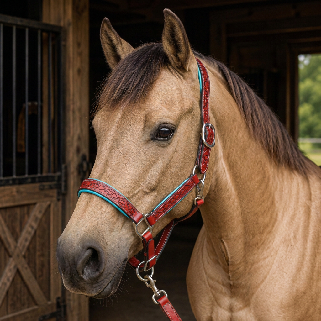 Padded Halter in Red and Turquoise shown on a Dun horse.