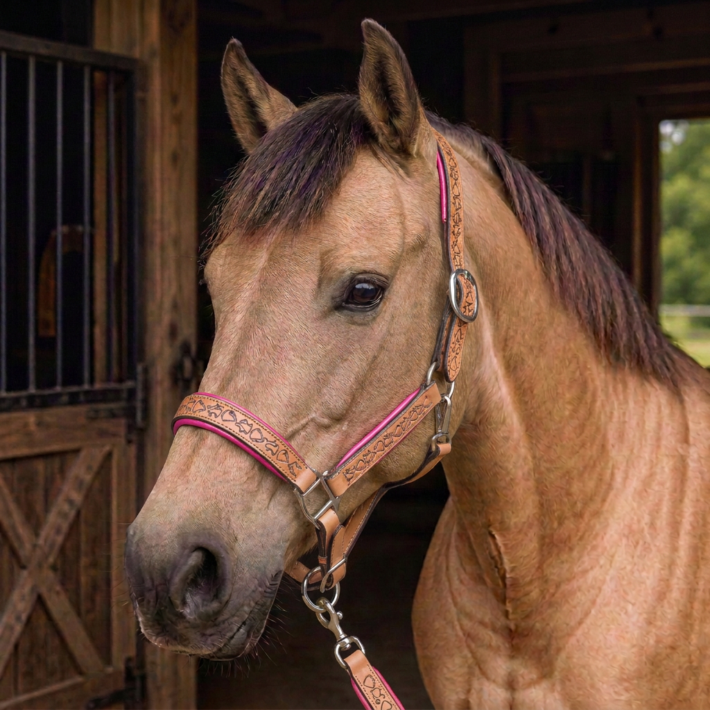 Padded Halter in Tan and Raspberry Pink shown on a Dun horse.