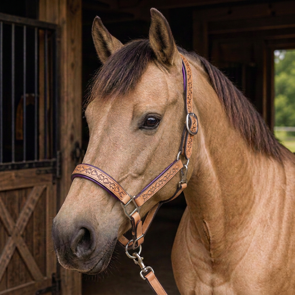 Padded Halter in Tan and Eggplant Purple shown on a Dun horse.