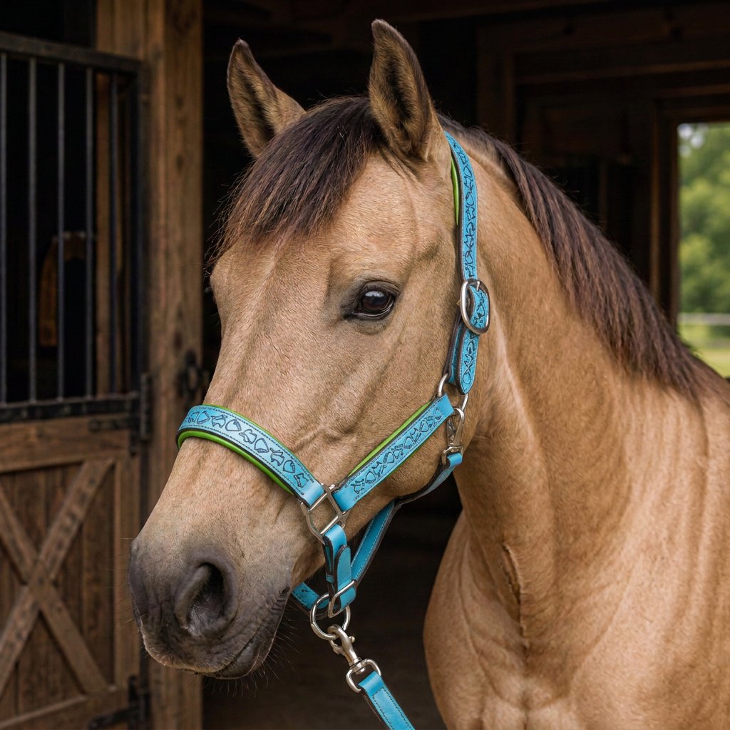 Padded Halter in Turquoise and Lime Green shown on a Dun horse.
