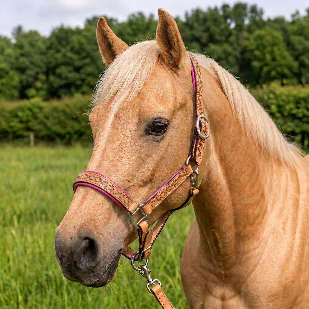 Padded Halter in Tan and Raspberry Pink shown on a Palomino horse.