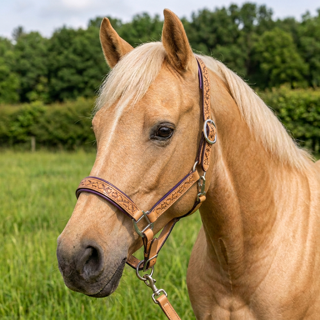 Padded Halter in Tan and Eggplant Purple shown on a Palomino horse.