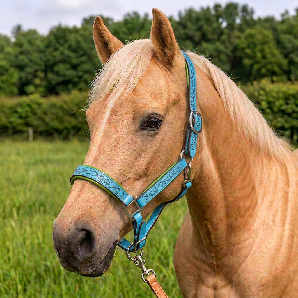 Padded Halter in Turquoise and Lime Green shown on a Palomino horse.