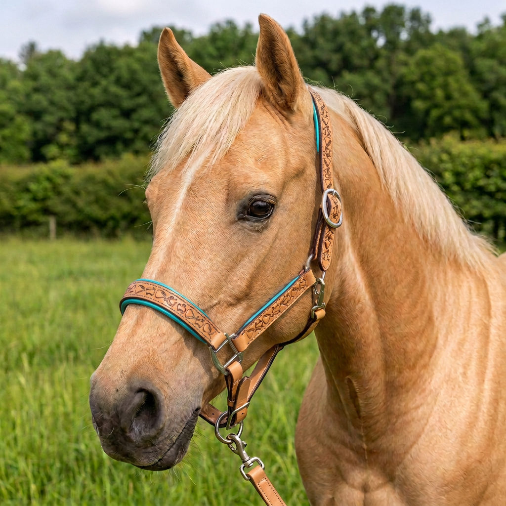 Padded Halter in Tan and Turquoise shown on a Palomino horse.