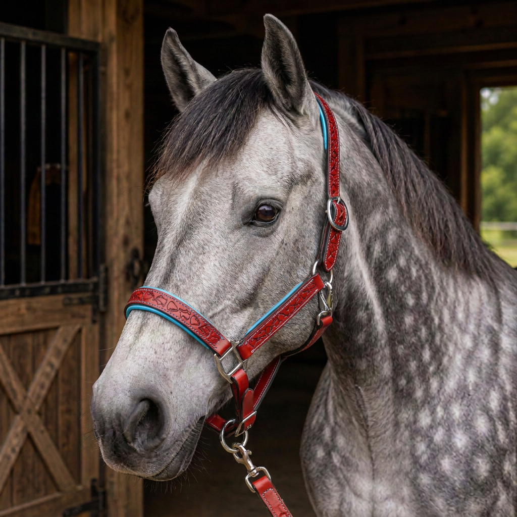Padded Halter in Red and Turquoise shown on a Dappled Gray horse.