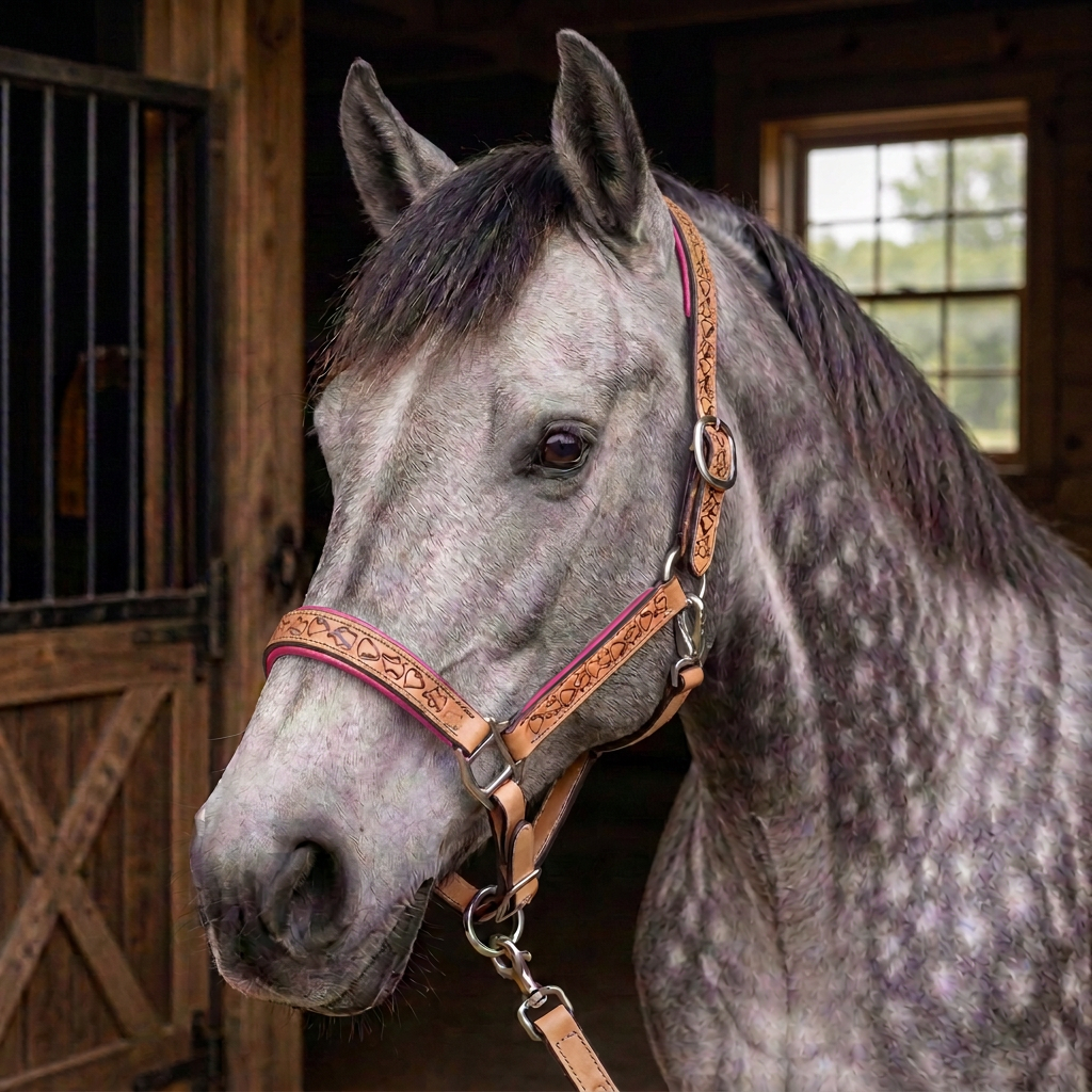 Padded Halter in Tan and Raspberry Pink  shown on a Dappled Gray horse.