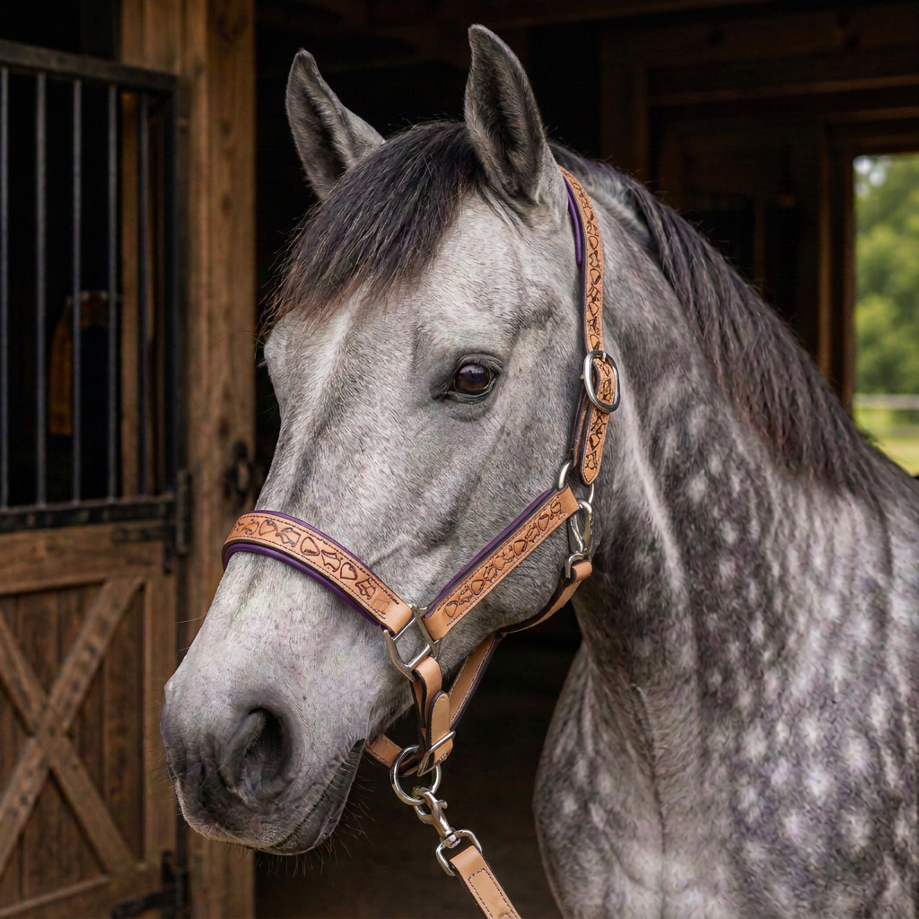 Padded Halter in Tan and Eggplant Purple shown on a Dappled Gray horse.