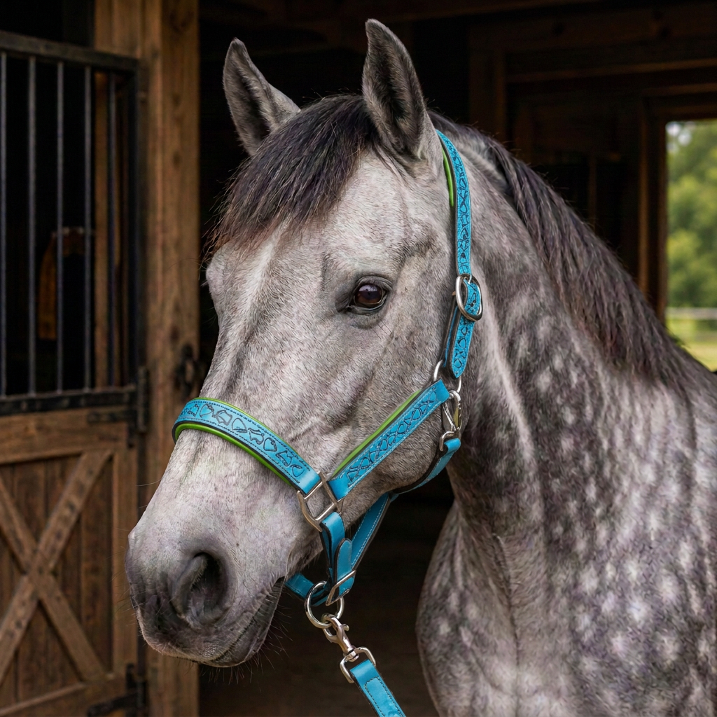 Padded Halter in Turquoise and Lime Green shown on a Dappled Gray horse.