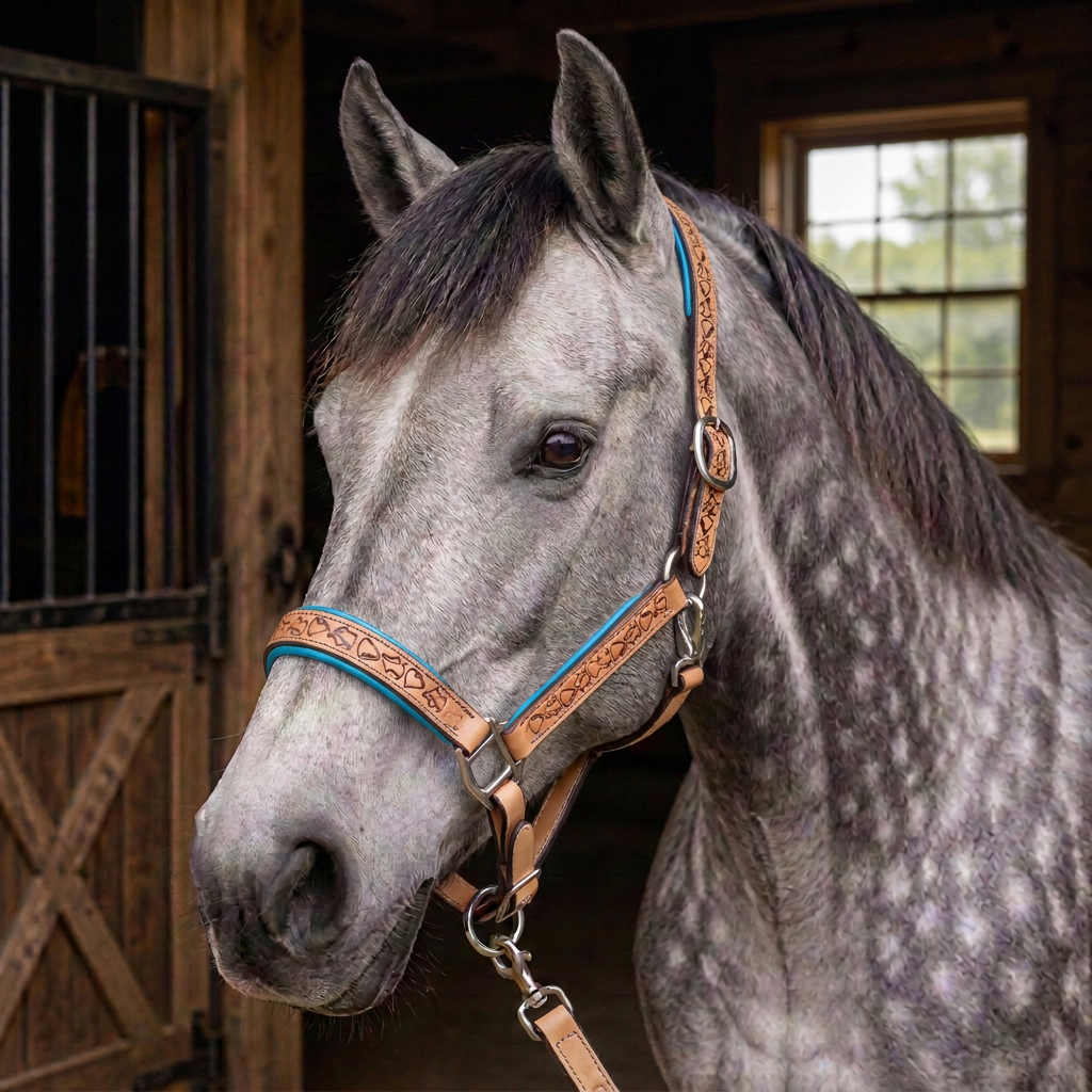 Padded Halter in Tan and Turquoise shown on a Dappled Gray horse.