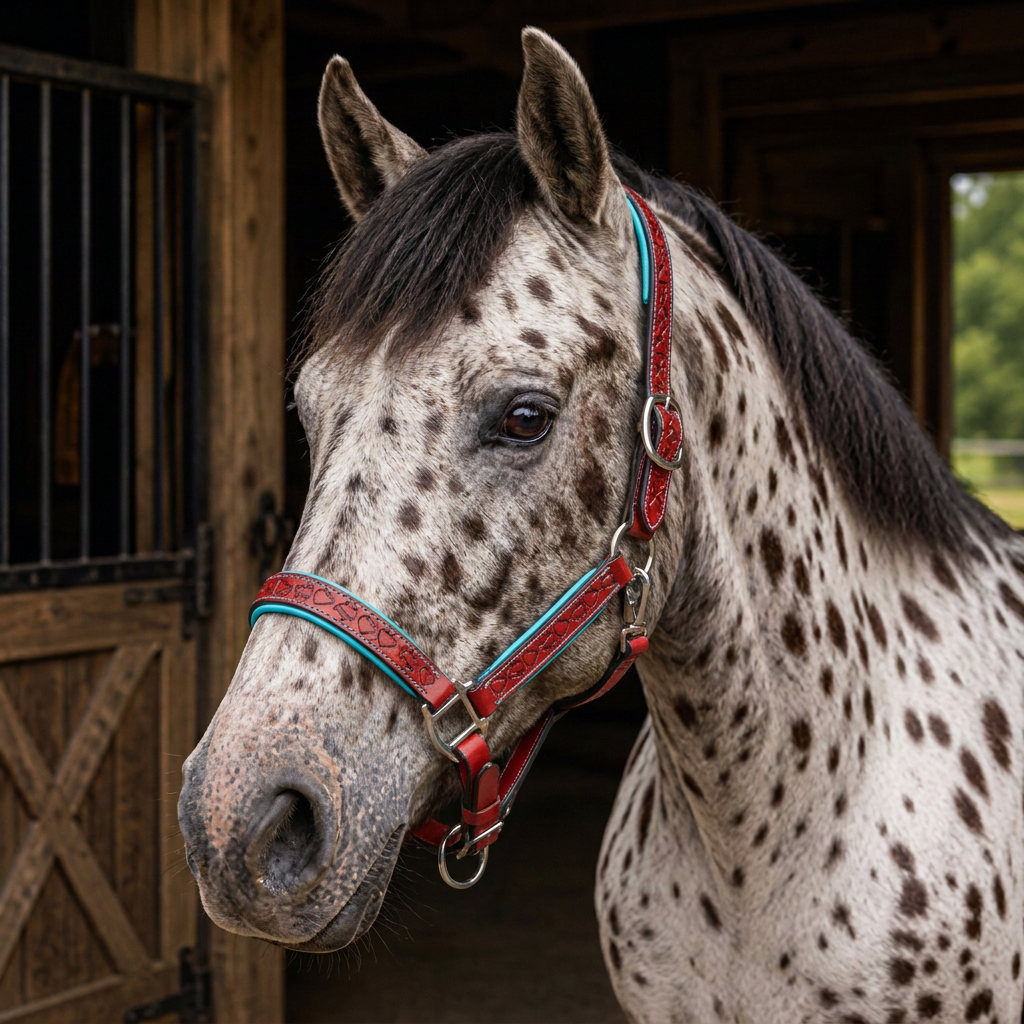 Padded Halter in Red and Turquoise shown on a Appaloosa horse.