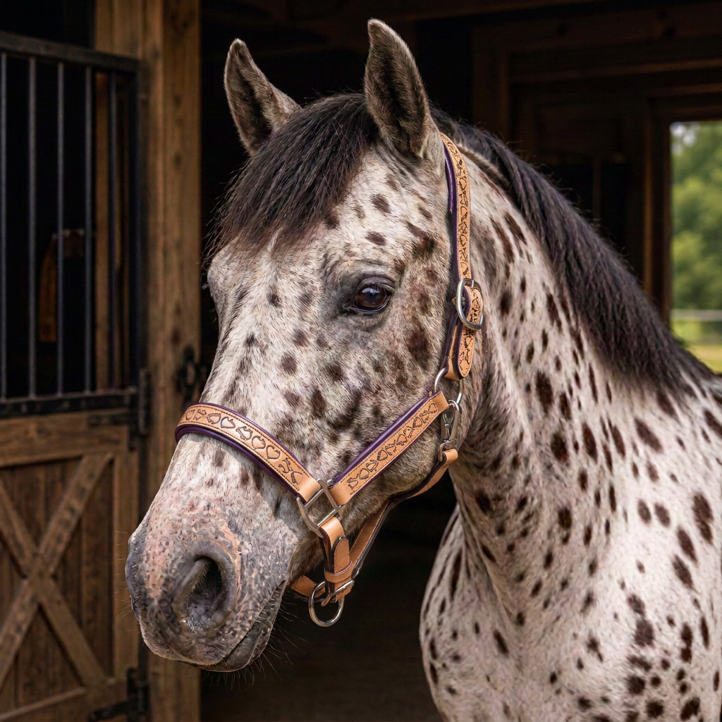 Padded Halter in Tan and Eggplant Purple shown on a Appaloosa horse.