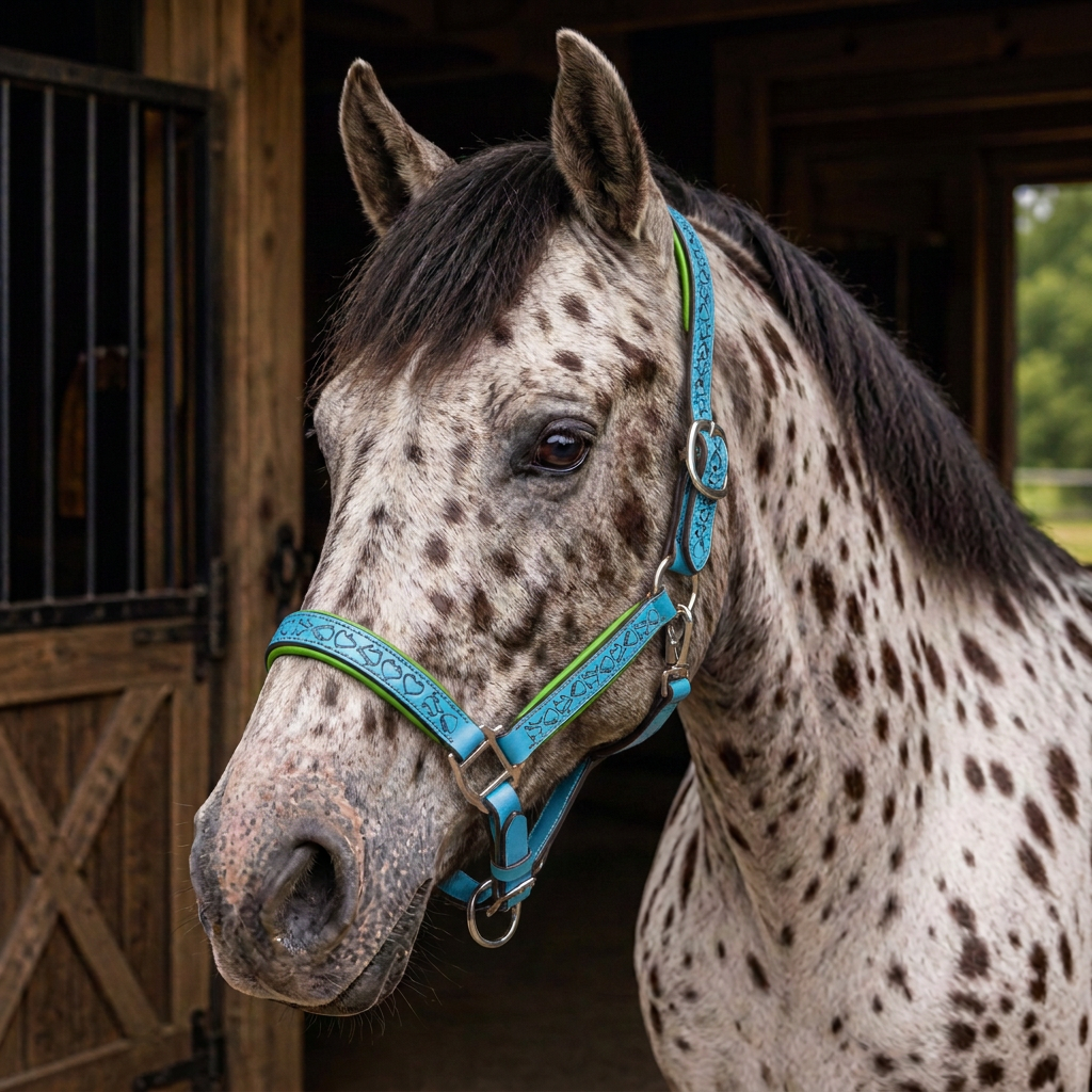 Padded Halter in Turquoise and Lime Green shown on a Appaloosa horse.
