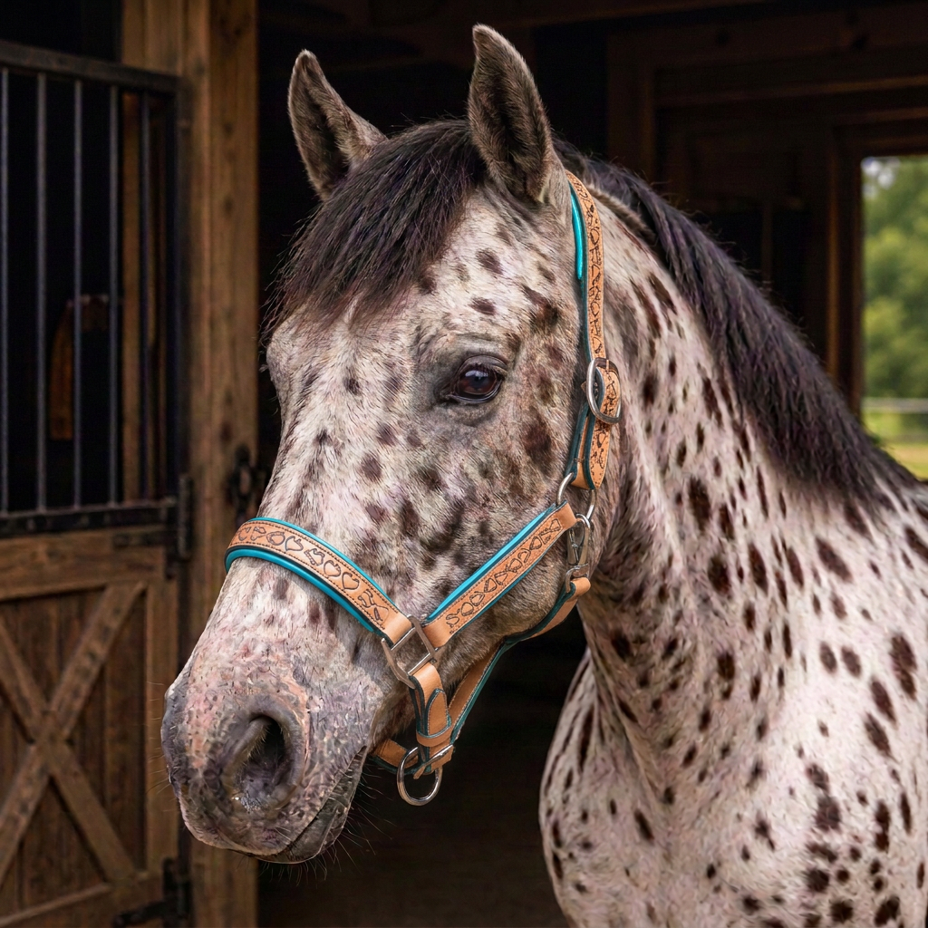 Padded Halter in Tan and Turquoise shown on a Appaloosa horse.