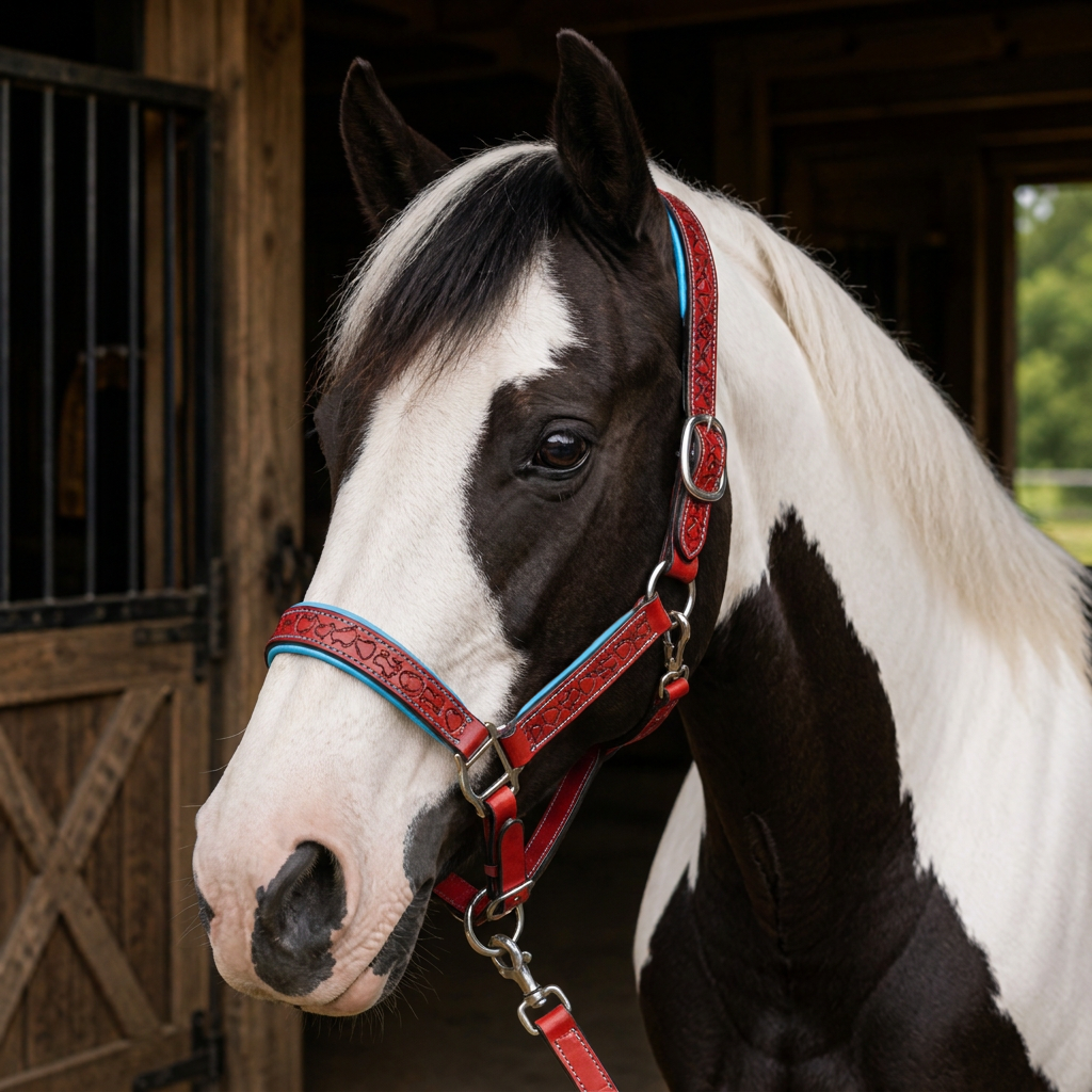Padded Halter in Red and Turquoise shown on a Piebald horse.