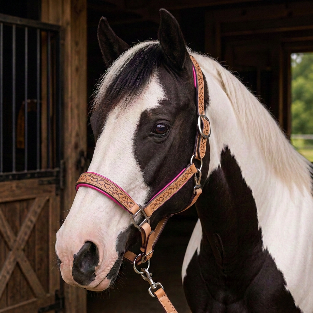 Padded Halter in Tan and Raspberry  Pink shown on a Piebald horse