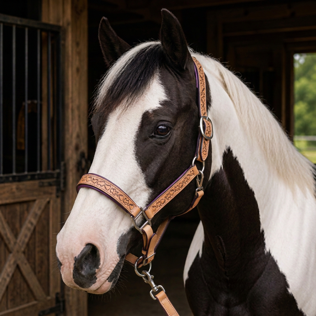 Padded Halter in Tan and Eggplant Purple shown on a Piebald horse