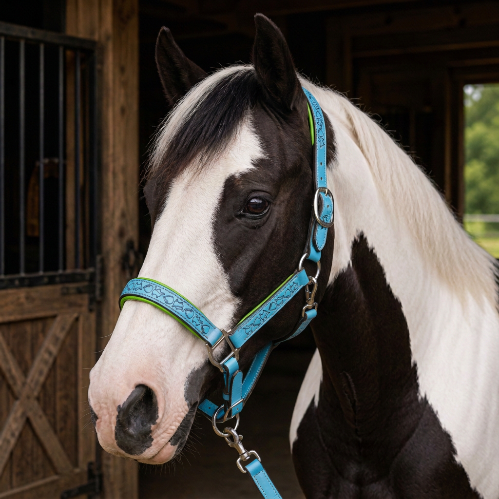 Padded Halter in Turquoise and Lime Green shown on a Piebald horse