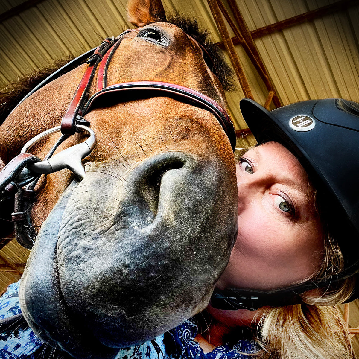 A close-up lifestyle shot of a woman in a black riding helmet kissing a brown horse's face inside what appears to be an equestrian stable. The horse is wearing a brown bridle.