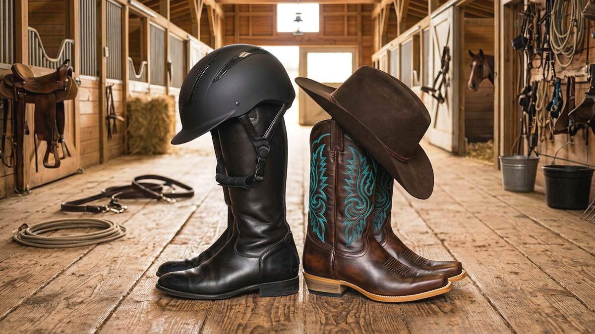 A pair of tall black english riding boots with a black riding helmet resting on top, alongside a brown cowboy hat and a pair of brown cowboy boots with turquoise embroidery, arranged on a wooden barn floor.