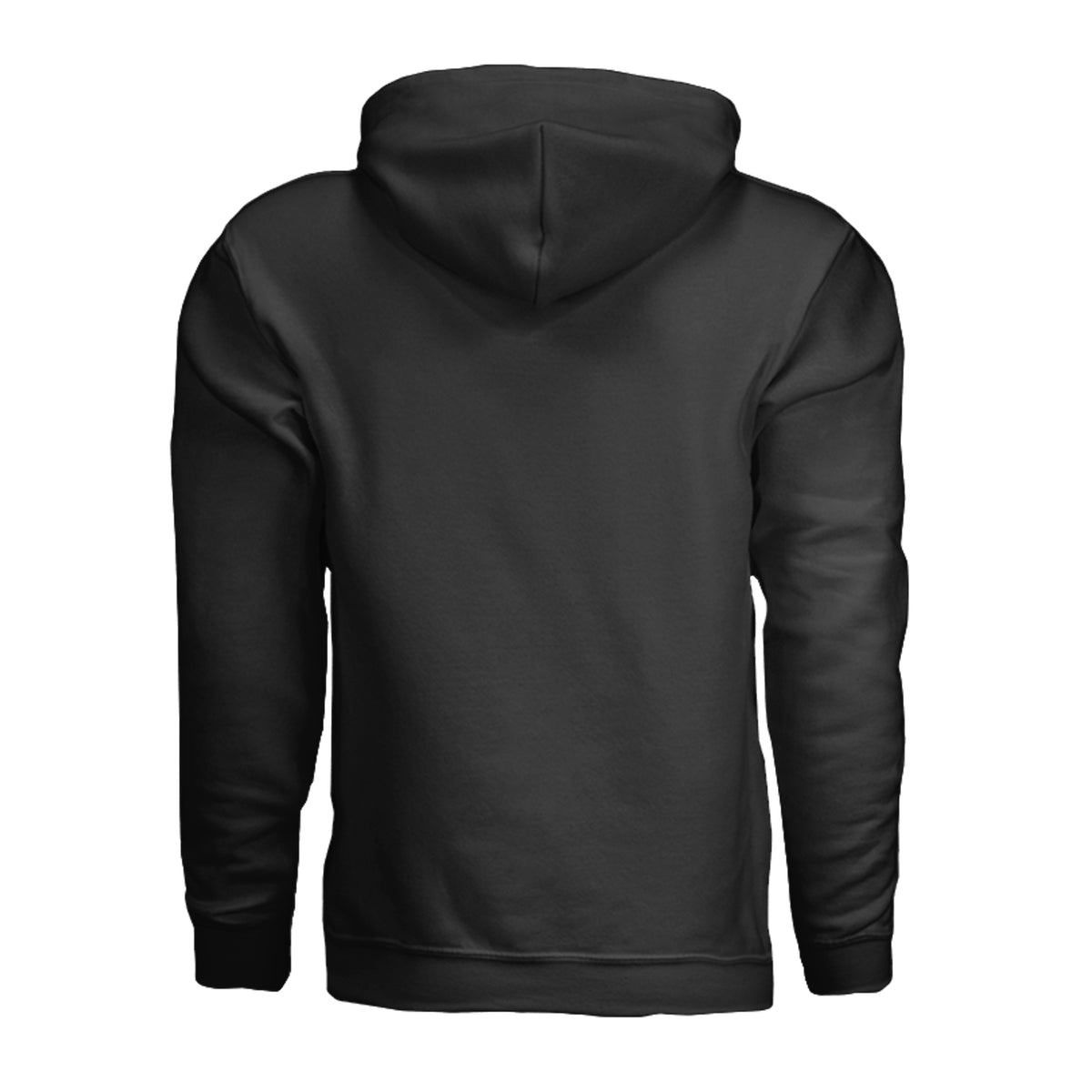 A heather black pullover hoodie sweatshirt with a Back view no graphics, shown against a plain white background.