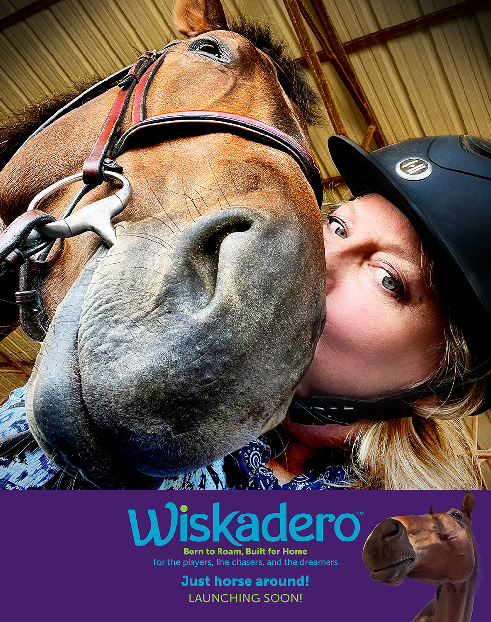 A close-up promotional photo shows a woman in a black riding helmet leaning against a large brown horse inside a stable. The bottom of the image has a purple banner with the text 'Wiskadero' and additional marketing copy.