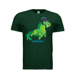 A dark green short-sleeve t-shirt featuring a cartoon graphic of a green horse wearing a black helmet, with the text 'Wiskadero' printed below in light blue, displayed on a solid white background.