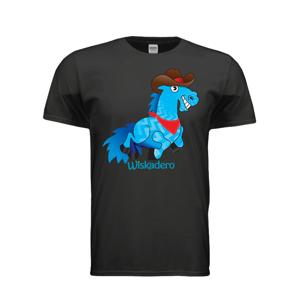 A black short-sleeve crewneck t-shirt featuring a cartoon graphic of a blue horse wearing a brown cowboy hat and red bandana, with the text 'Wiskadero' printed below in blue.