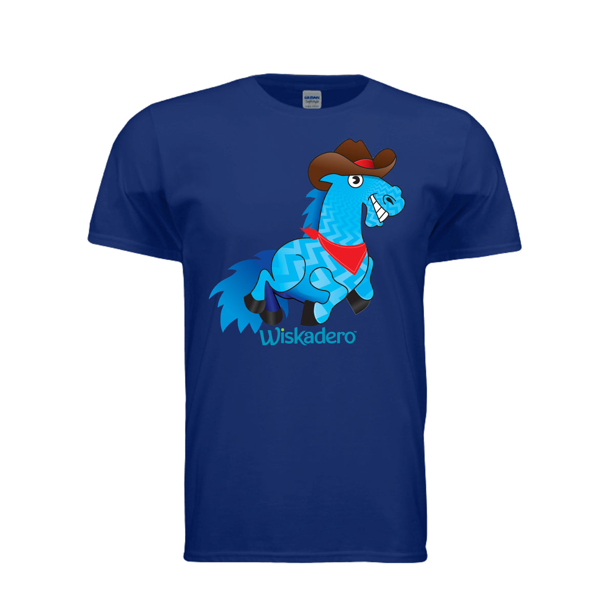 A Deep Royal Blue short-sleeve crewneck t-shirt featuring a colorful graphic of a blue cartoon horse wearing a brown cowboy hat and red bandana, with the text 'Wiskadero' printed below.