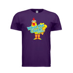 Front of Purple T-shirt with What the Cluck! WIskadero turquoise type in front of a yellow Chicken wearing cowboy boots in shades of yellow, orange and turquoise.