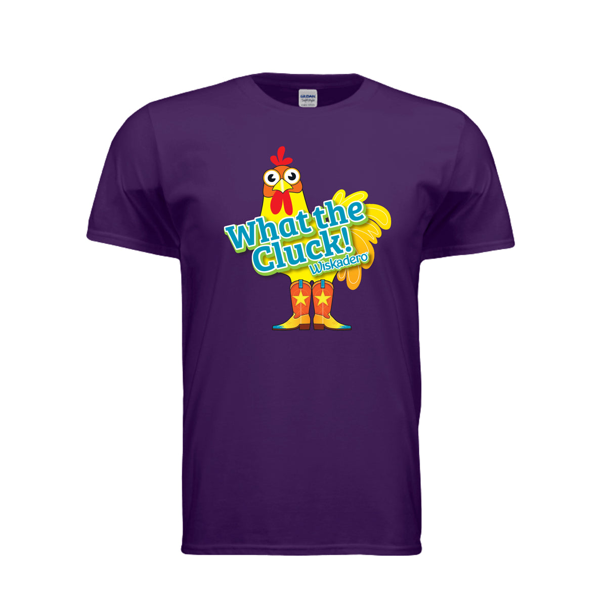 Front of Purple T-shirt with What the Cluck! WIskadero turquoise type in front of a yellow Chicken wearing cowboy boots in shades of yellow, orange and turquoise.