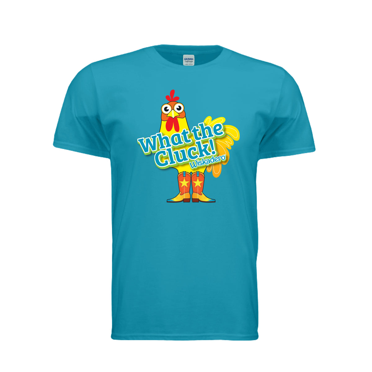 Front of Tropical Blue T-shirt with What the Cluck! WIskadero turquoise type in front of a yellow Chicken wearing cowboy boots in shades of yellow, orange and turquoise 