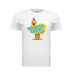 Front of White T-shirt with What the Cluck! WIskadero turquoise type in front of a yellow Chicken wearing cowboy boots in shades of yellow, orange and turquoise 