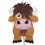 Close-up front view of the Wiskadero Mini High toy showing the brown and tan suede Highland cow body, shaggy dark brown fringe, white suede horns, pink snout, black hooves, and pull-through natural rope tail.